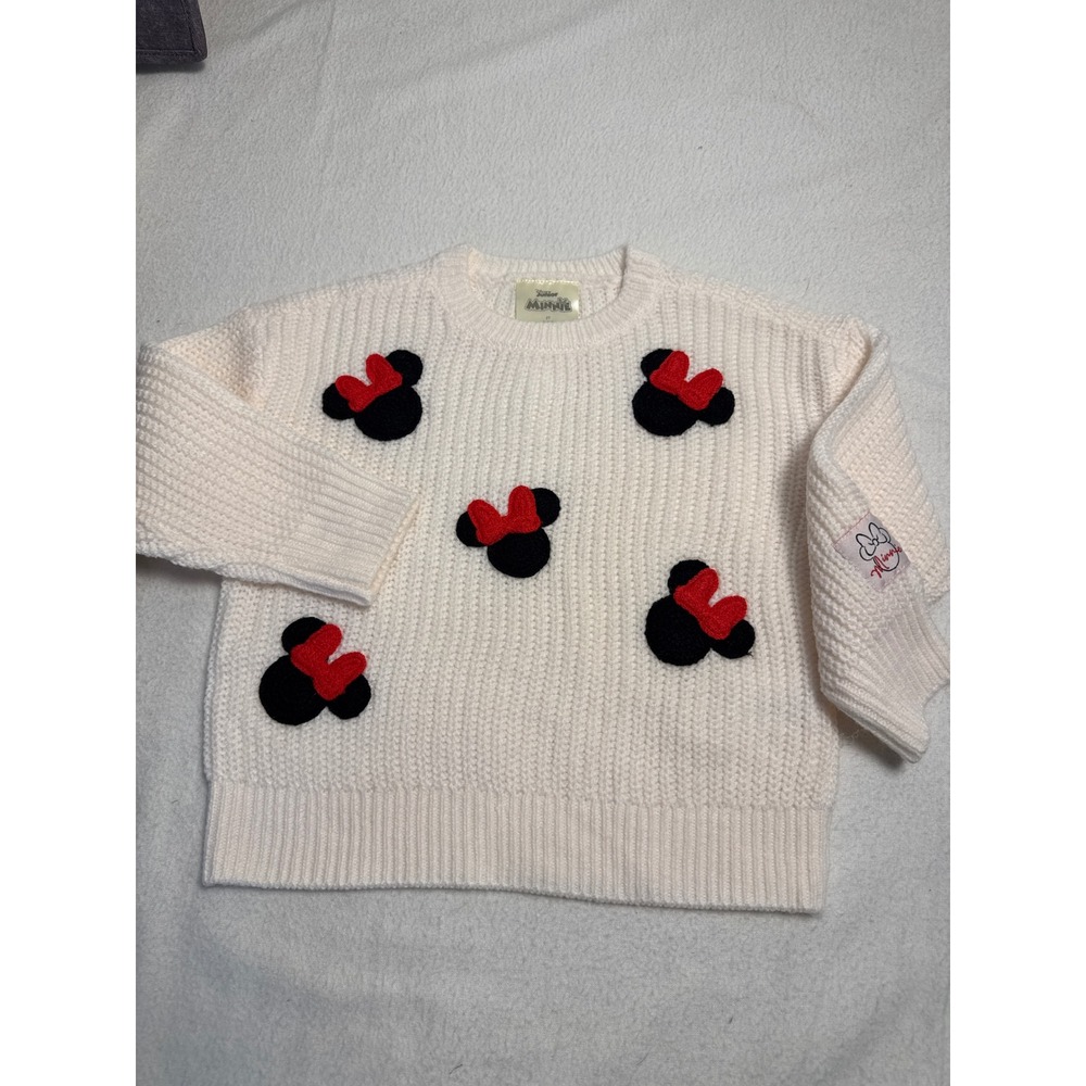 Disney Junior Minnie Mouse Sweater Kids 2T Cream Knit Red Bow Pullover 18298